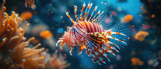 underawater macro detail of a lion fish, with empty copy space, 