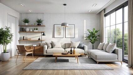 Fototapeta premium Modern Living Room with White Sofa, Wooden Floor, and Large Window.