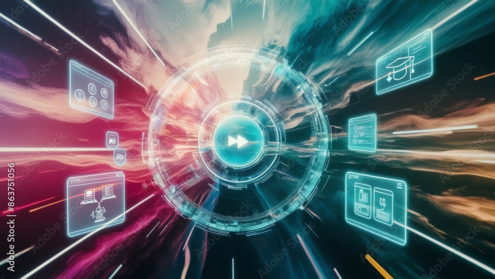 Aufkleber futuristic abstract background, futuristic holographic interface and educational icons floating in t