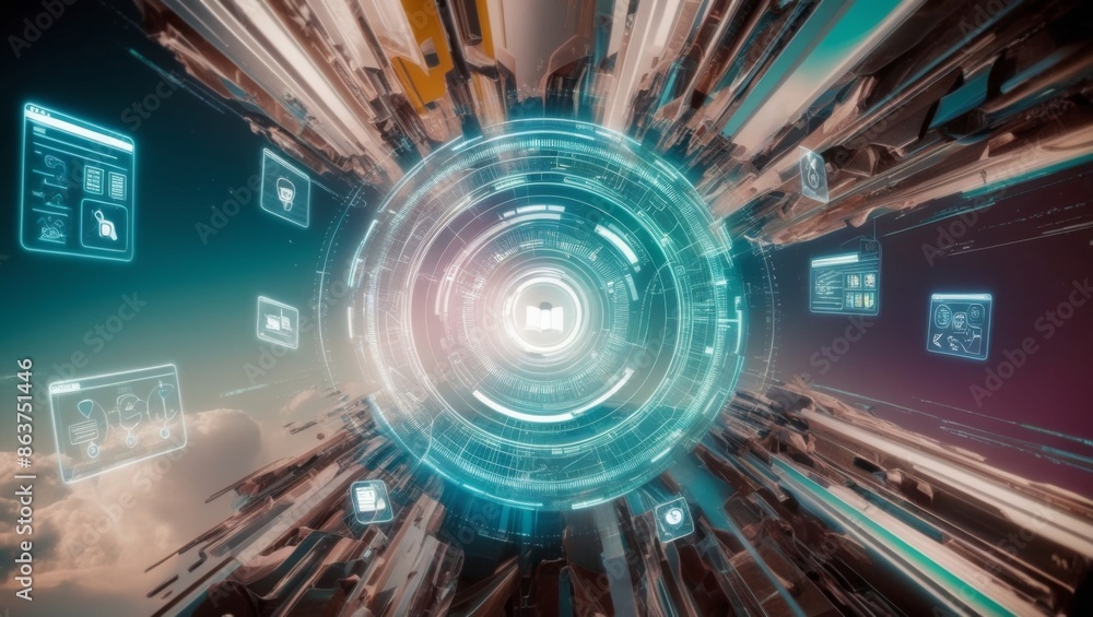 Poster futuristic abstract background, futuristic holographic interface and educational icons floating in t
