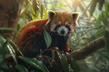 Fototapeta premium A Red Panda Perched on a Branch, Amidst Lush Foliage, Bathed in the Warm Glow of a Sunny Day