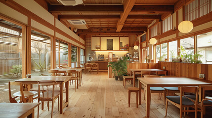 Fototapeta premium Discover the inviting interior of a multi-purpose event space and café, featuring modern design, cozy seating, and ambient lighting perfect for gatherings, meetings, and casual hangouts.