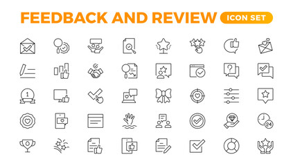 Set of Feedback, Review, and Customer Experience Outline Icon Collection. Rating, Testimonials, Quick Response, experience, Satisfaction, etc. Simple web icon illustration,