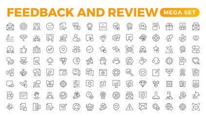 Set of Feedback, Review, and Customer Experience Outline Icon Collection. Rating, Testimonials, Quick Response, experience, Satisfaction, etc. Simple web icon illustration,