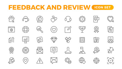 Set of Feedback, Review, and Customer Experience Outline Icon Collection. Rating, Testimonials, Quick Response, experience, Satisfaction, etc. Simple web icon illustration,