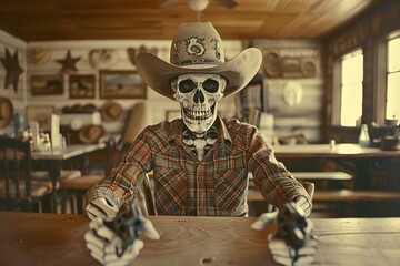 Old West Skeleton Revolver. Old west bandit outlaw skeleton at a poker table with a colt 45 pistol revolver edited in vintage film style.