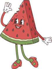 Cartoon retro groovy watermelon slice character, vector funny comic in 70s hippie art. Groovy funky watermelon fruit with happy smile face, cartoon quirky girl character with Hello Hi gesture