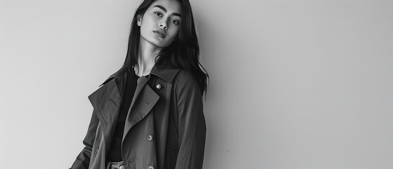 A young female model, leaning casually against a wall with a slight smile, against a solid white background. She is dressed in a stylish trench coat and skinny jeans, her hair is straight 