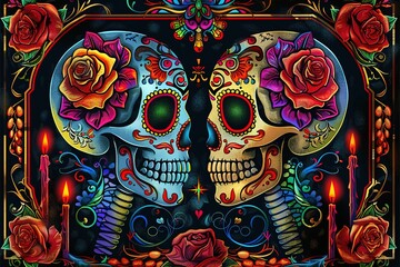 A painting of La Calavera Catrina, A woman with a skull, celebration of the Day of the Dead