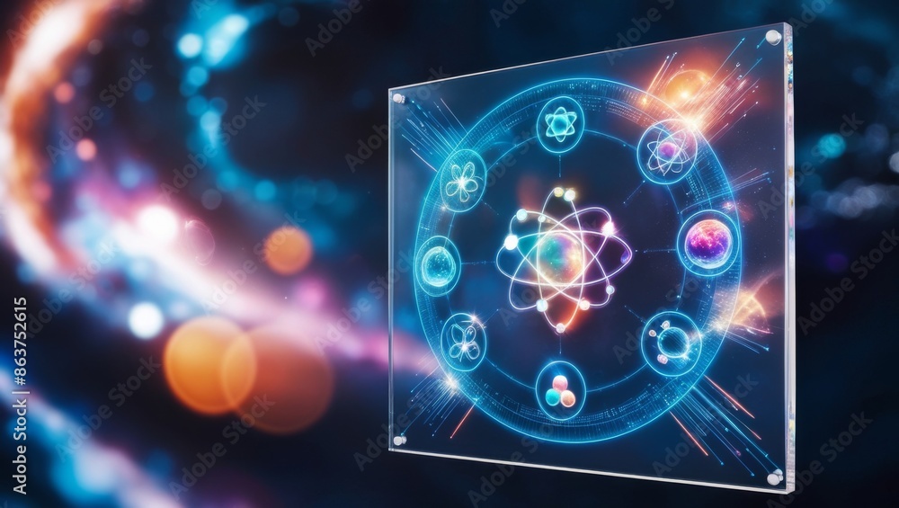 Poster futuristic abstract background, futuristic holographic interface and educational icons floating in t