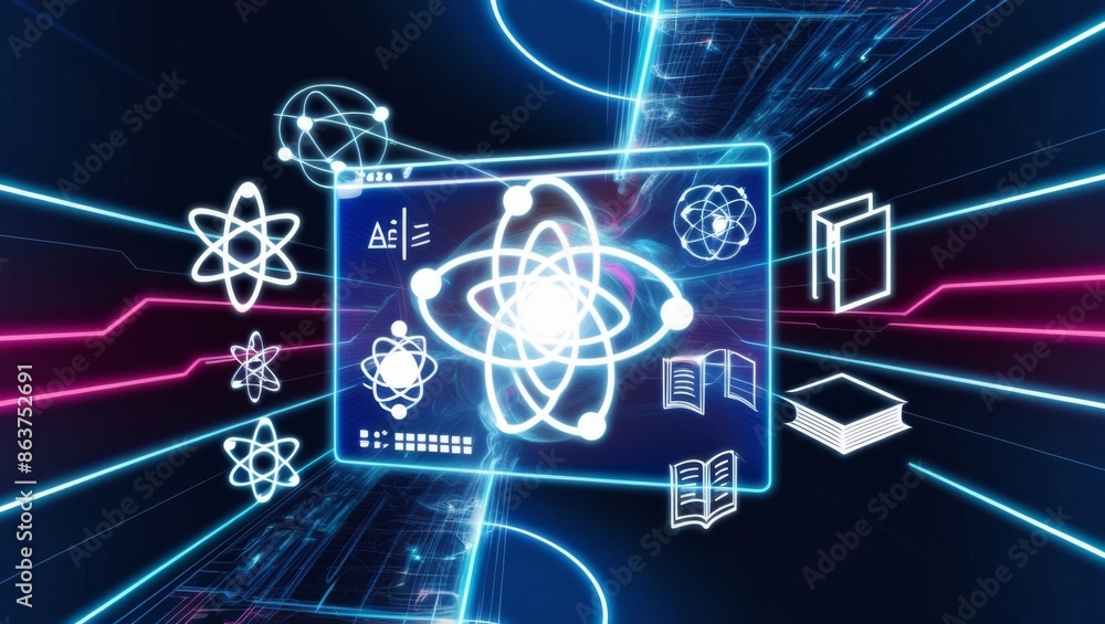 Poster futuristic abstract background, futuristic holographic interface and educational icons floating in t