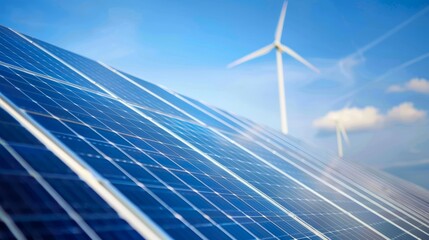 Solar panel and wind turbine on factory roof against blue sky, promoting clean energy and sustainability.
