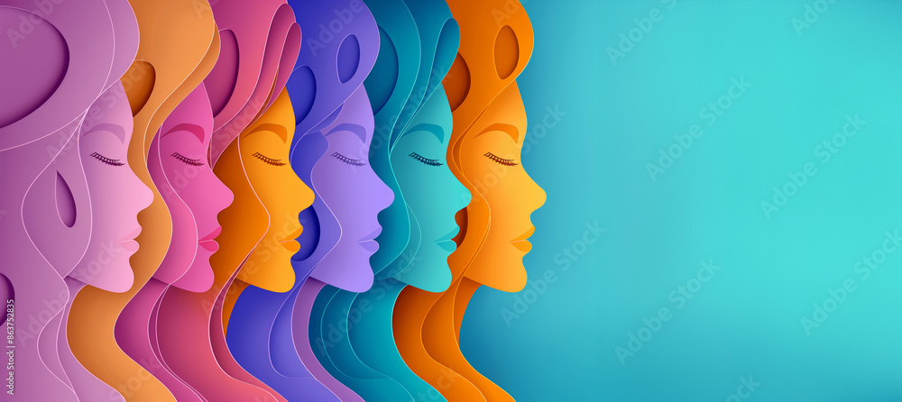 Poster a series of colorful faces are lined up on a blue background. the faces are all different colors and
