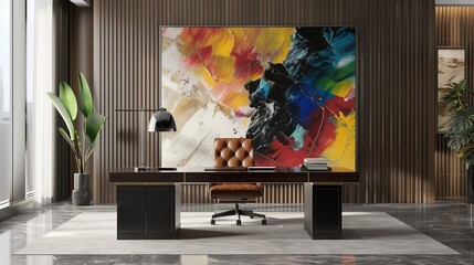 A minimalist CEO office with a black walnut desk, leather chair, and a large abstract painting as the focal point