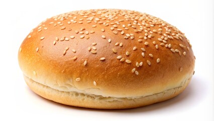 Freshly baked round wheat burger bun with soft texture and subtle sheen isolated on a clean white background.