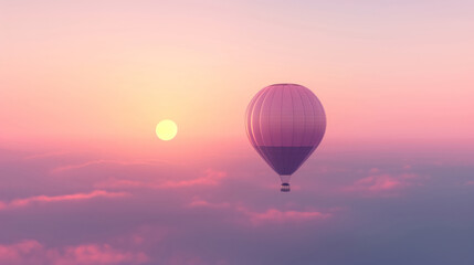 Fototapeta premium Hot Air Balloon Soars Above Clouds In Serene Pink And Purple Sky