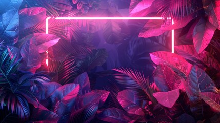 Obraz premium A creative 3D illustration of a neon frame intertwined with leaves, glowing brightly against a dark background.