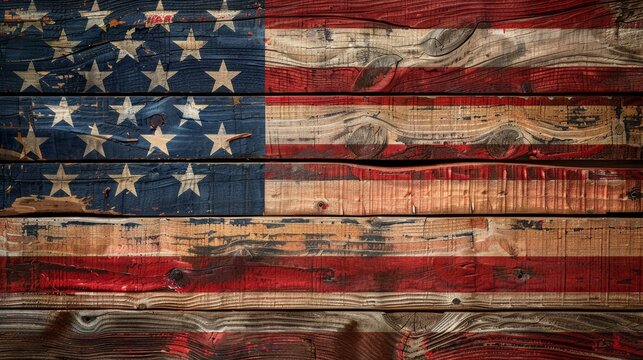 Patriotic American flag closeup on textured wood backdrop, representing national pride