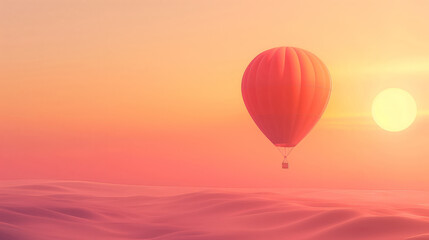 Fototapeta premium Red Hot Air Balloon Floating Above Rolling Hills During Soft And Warm Sunset