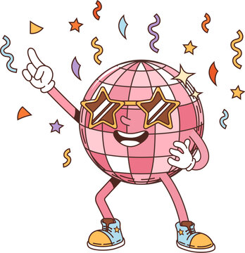 Retro groovy disco ball character at dance party. Isolated vector mirror ball personage with sparkling, multi-colored facets and star- shaped sunglasses, radiating funky hippie dance-floor energy