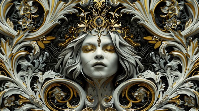 Belial A regal figure with a crown, surrounded by intricate and elegant patterns, Art Nouveau
