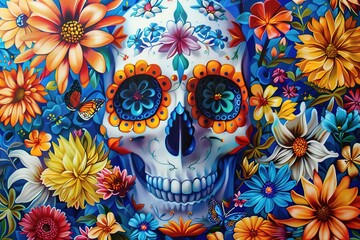 Dia de los muertos traditional calavera sugar skull decorated with flowers the day of the dead illustration