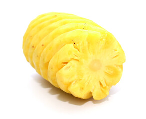 Fresh ripe pineapple, pineapple fruit slice isolated. Juicy fruit composition design element with stacked focus, white background. Tropical fruit delicious ingredients, healthy nutrition concept