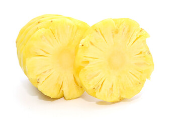 Fresh ripe pineapple, pineapple fruit slice isolated. Juicy fruit composition design element with stacked focus, white background. Tropical fruit delicious ingredients, healthy nutrition concept