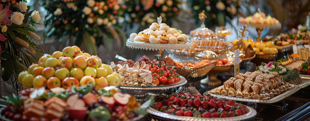 Banner with table full of food from catering service at event party.