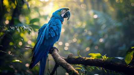 Spix's macaw perches gracefully on a branch amidst the lush, vibrant forest