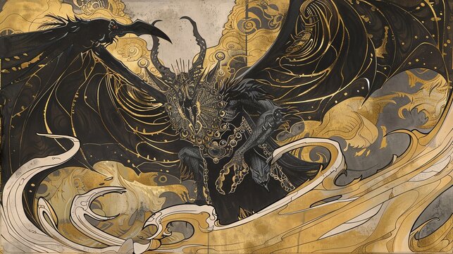 Malphas A crowheaded demon in regal attire, amidst a swirl of detailed and flowing motifs, Art Nouveau