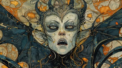 Ronove A marquis with a monstrous face, depicted with elegant and intricate patterns, Art Nouveau