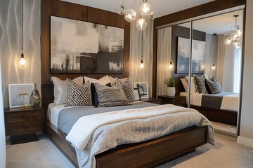 A cozy modern bedroom with a dark wood platform bed, white and grey bedding, and geometric patterned throw pillows. The room has an accent wall with textured wallpaper, a built-in wardrobe.