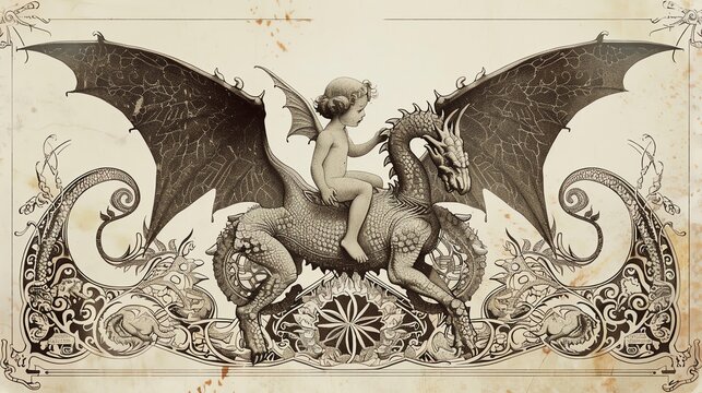 Valac A winged child riding a twoheaded dragon, surrounded by intricate and elegant patterns, Art Nouveau