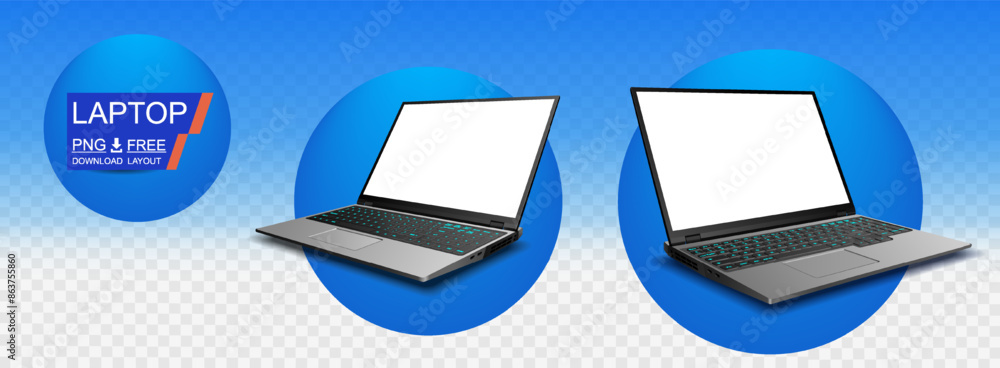 Poster two open realistic laptops with blank displays. presentation latest model laptop with blank screen. 