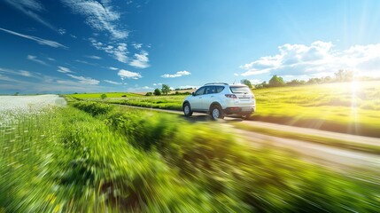 White car driving along a dirt road in the countryside. Sunny day with blue sky and green fields. Captured in motion with a sense of speed and adventure. 