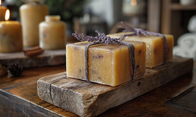 Wooden Board With Candles and Soap