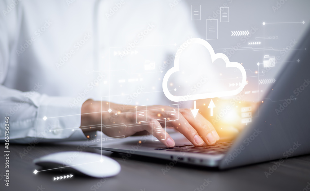 Poster business people using laptop with cloud computing system , storage and data transfer cloud network, 