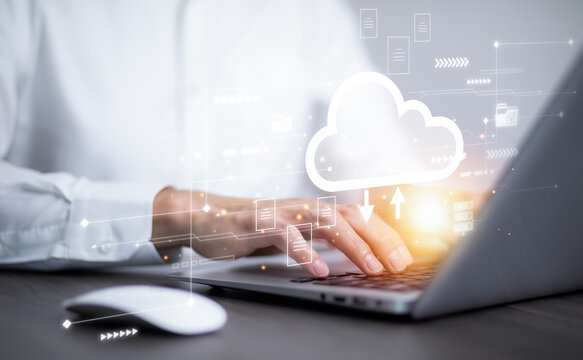 Business people using laptop with cloud computing system , Storage and data transfer Cloud network, Cloud technology. Networking and internet service, sharing download and upload and internet service