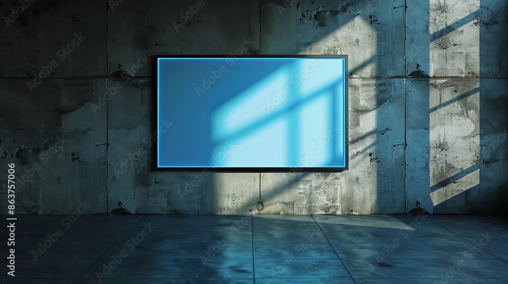 Poster modern empty room with large blank picture frame on a grunge concrete wall. natural light shines thr