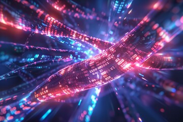 A futuristic visualization of genetic data transmission using bright lights in a digital setting, symbolizing innovation in biology and biotechnology research