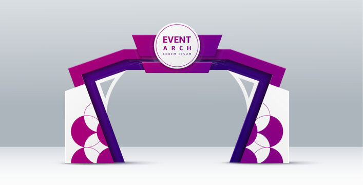 Event arch, entrance gate and entry welcome archway mockup, vector 3D template. Event arch for exhibition or expo, entertainment event entrance or sport marathon start and finish gate in purple design