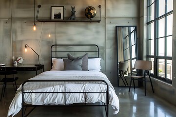 A minimalist modern bedroom with a black metal bed frame, white linens, and grey accent pillows. The room has polished concrete floors, a large window with industrial-style metal frames.