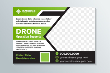 Drone operation supports Flyer Template in horizontal layout, Most Advanced Drone Services poster with green and black element isolated on white background, Drone Rent brochure with space for photo.
