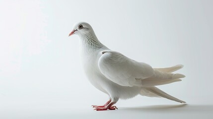 Elegant white pigeon standing still on a white background. This image of a beautiful white pigeon in a studio setting. It can be used for various creative and educational purposes. AI © Irina Ukrainets