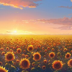Fototapeta premium Vibrant sunflower field at sunset with golden sky, creating a stunning and colorful natural landscape perfect for backgrounds or art.