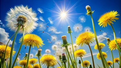 Vibrant yellow dandelion flowers sway gently against a soft, serene blue sky with delicate stems and feathery leaves scattered.