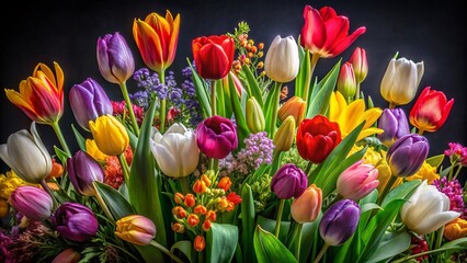 Vibrant tulips in assorted colors are artfully arranged amidst lush greenery and mixed flowers against a dramatic black background.