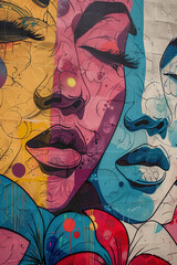 Obraz premium mural street art graffiti on the wall. Abstract pastel color woman faces with flowers . 