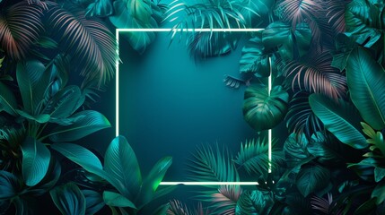 A modern design with a neon frame enclosing a picturesque palm tree surrounded by vibrant greenery.